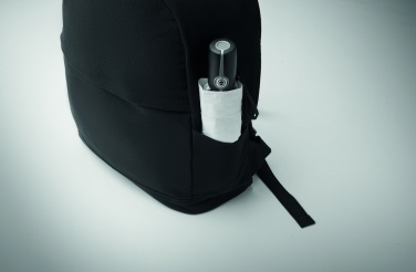 Logotrade Werbegeschenke das Foto: Ein 15-Zoll-Laptop-Rucksack aus recycelter Baumwolle (Pre-Consumer) und recyceltem Polyester mit individuell anpassbarem Druck