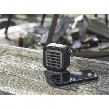 Logotrade promotional item image of: Solo 3W IPX5 RCS recycled plastic solar Bluetooth® speaker with carabiner 