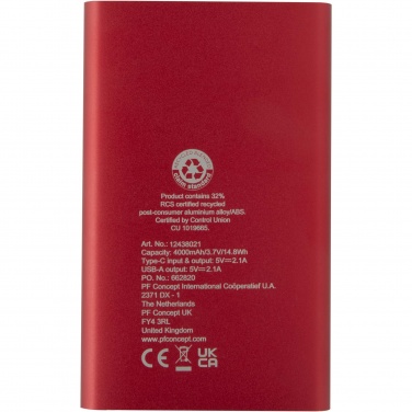 Logo trade promotional products picture of: Pep 4000 mAh Type-C recycled aluminium power bank 