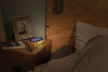 Logotrade advertising products photo of: Bamboo alarm clock with 5W wireless charger