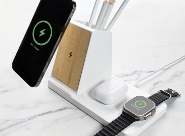 Logo trade promotional gift photo of: Ontario recycled plastic & bamboo 3-in-1 wireless charger