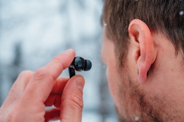 Logo trade promotional gifts picture of: Skywave RCS recycled plastic solar earbuds