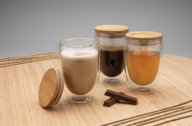 Logo trade corporate gifts image of: Double wall borosilicate glass with bamboo lid 350ml 2pc set