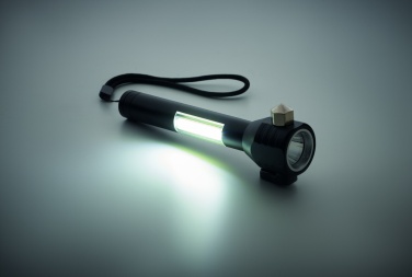 Logo trade promotional gifts image of: 3-in-1 aluminum flashlight with an emergency hammer and seatbelt cutter, customizable with printing