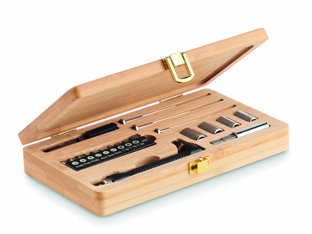 Logo trade promotional giveaways picture of: 21 pcs tool set in bamboo case