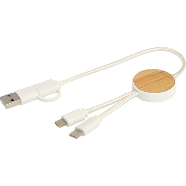 Logo trade promotional items image of: Chechia 5-in-1 recycled plastic 30 cm data sync and 27W fast charge cable with bamboo details