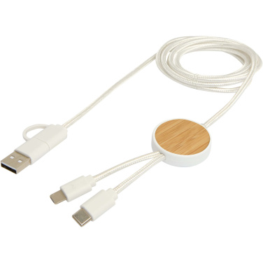 Logo trade business gifts image of: Chechia 5-in-1 recycled plastic 150 cm data sync and 27W fast charge cable with bamboo details