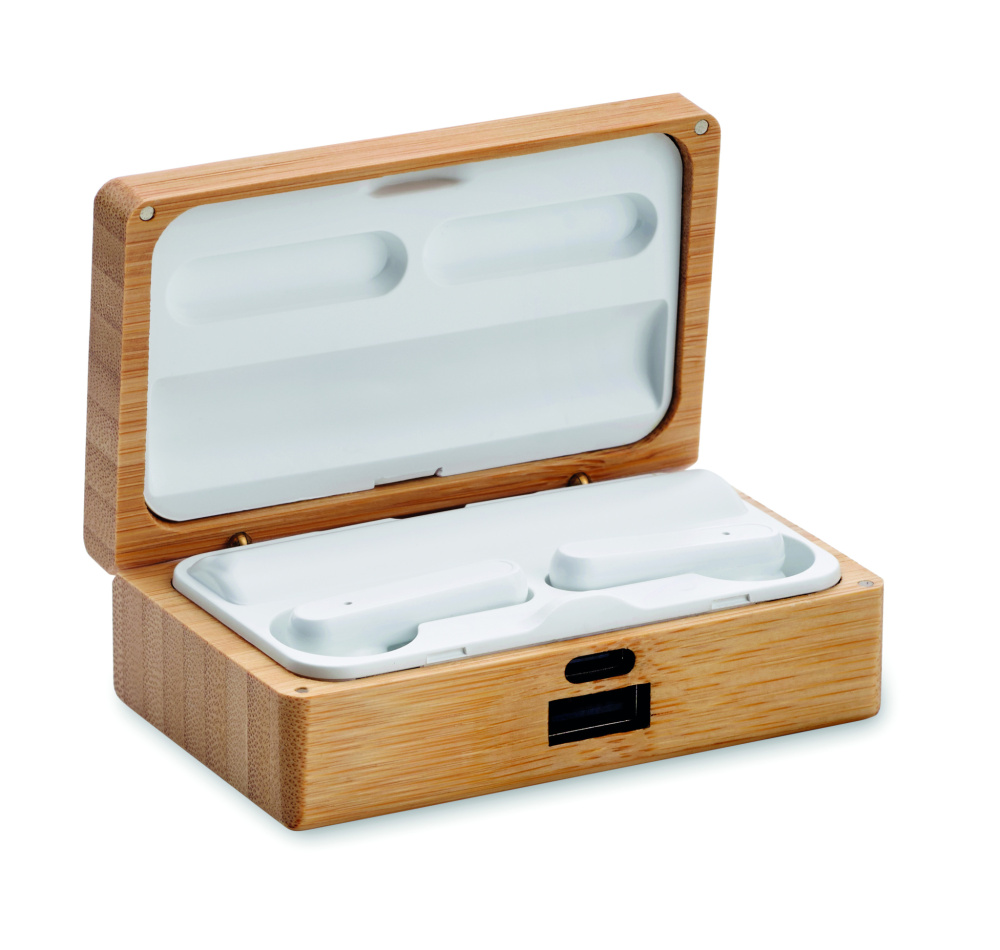 Logo trade corporate gifts image of: TWS earbuds in bamboo case