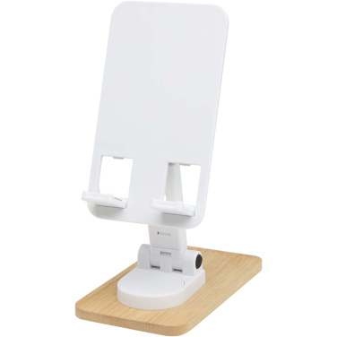 Logo trade promotional merchandise image of: Alfirk recycled plastic foldeable desk phone stand with bamboo details