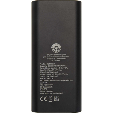 Logo trade mainoslahjat ja liikelahjat kuva: Acamar 20 000 mAh:n ja 70 W:n kannettavan tietokoneen varavirtalähde kierrätetystä alumiinista