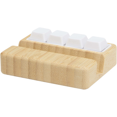 Logotrade mainoslahja tuotekuva: Algol kierrätetystä muovista valmistettu puhelinjalusta ja hypistelylelu bambuyksityiskohdilla