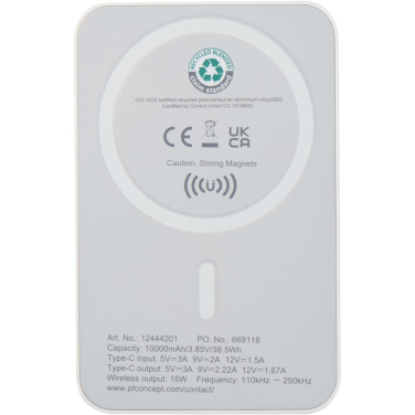 Logotrade Ideja dāvanas foto: Acrab 10.000 mAh 15W magnētiskā bezvadu pārnēsājamā uzlādes ierīce ar 20W PD - izgatavota no pārstrādātas plastmasas