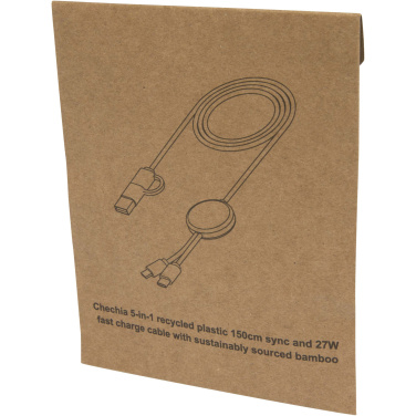 Logotrade profilreklam bild: Chechia 5-i-1 150 cm datasynkroniserings- och 27 W snabbladdningskabel av återvunnen plast med bambu detaljer